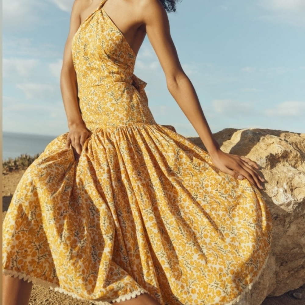 EDDY Anthropologie Yellow Floral Midi Dress